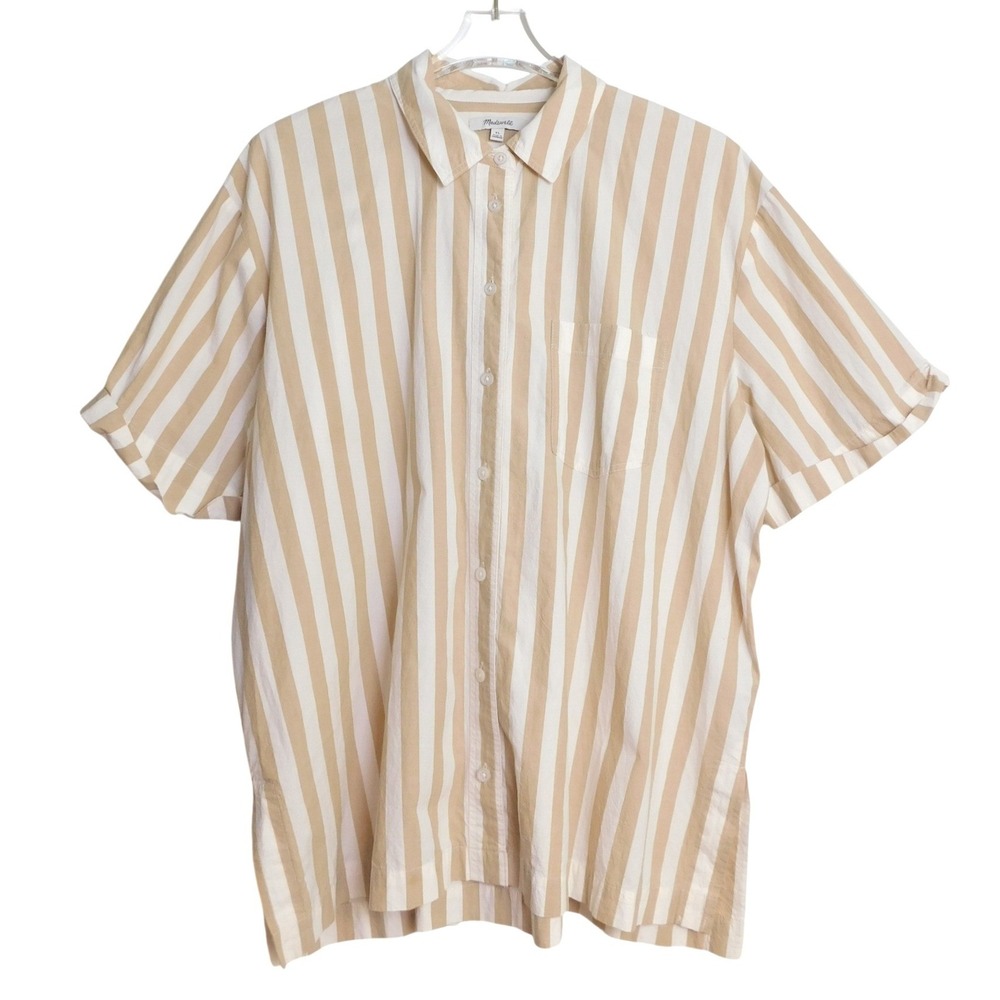 Madewell Mens Tan White Striped Short Sleeve Cotton Button Up Shirt NL279 XL